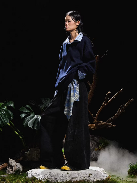 Curved Denim Trousers with Detachable Scarf Panel