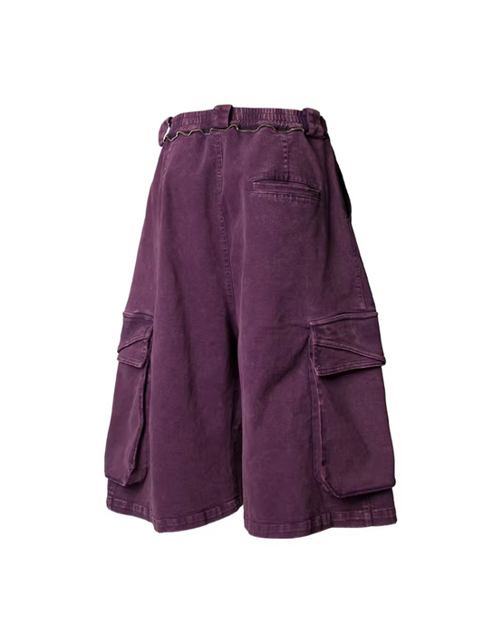 Washed Denim Shorts with Detachable Scarf Detail - Purple