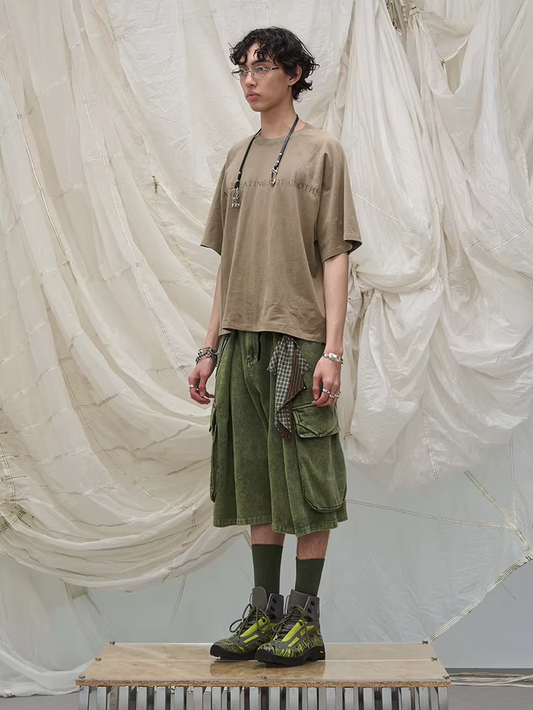 Washed Denim Shorts with Detachable Scarf Detail - Green