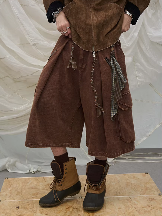 Washed Denim Shorts with Detachable Scarf Detail - Brown