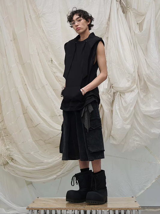 Washed Denim Shorts with Detachable Scarf Detail - Black
