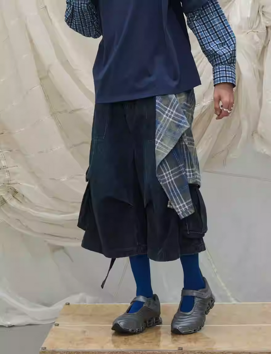 Layered Plaid Panel Denim Trousers