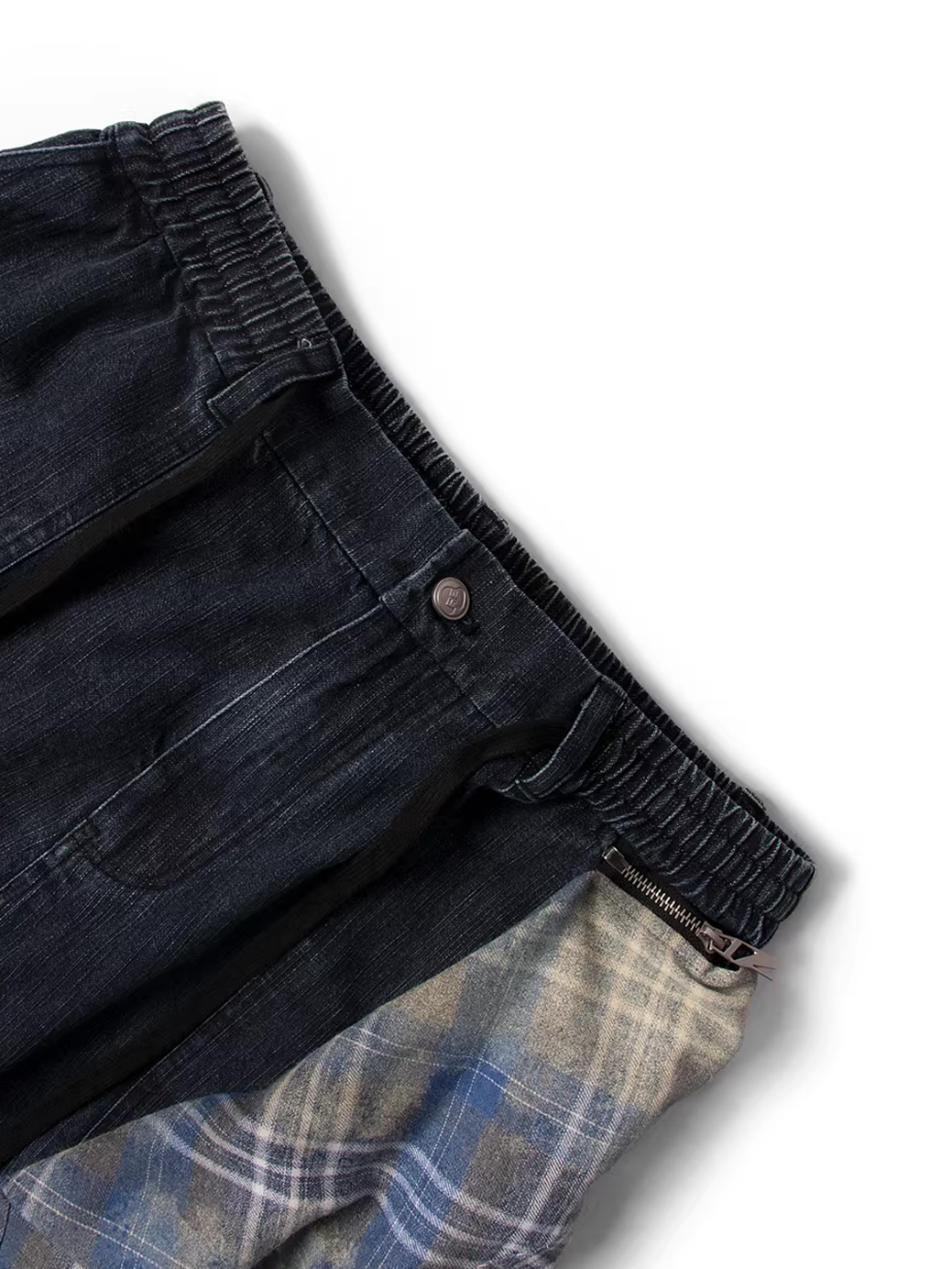 Layered Plaid Panel Denim Trousers