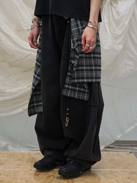 Detachable Plaid Panel Wide Trousers - Black