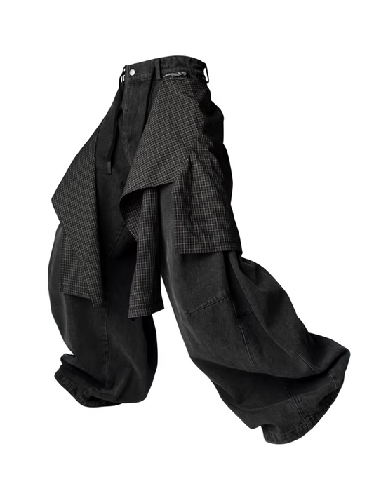 Curved Wide Denim Trousers with Detachable Check Panel - Black