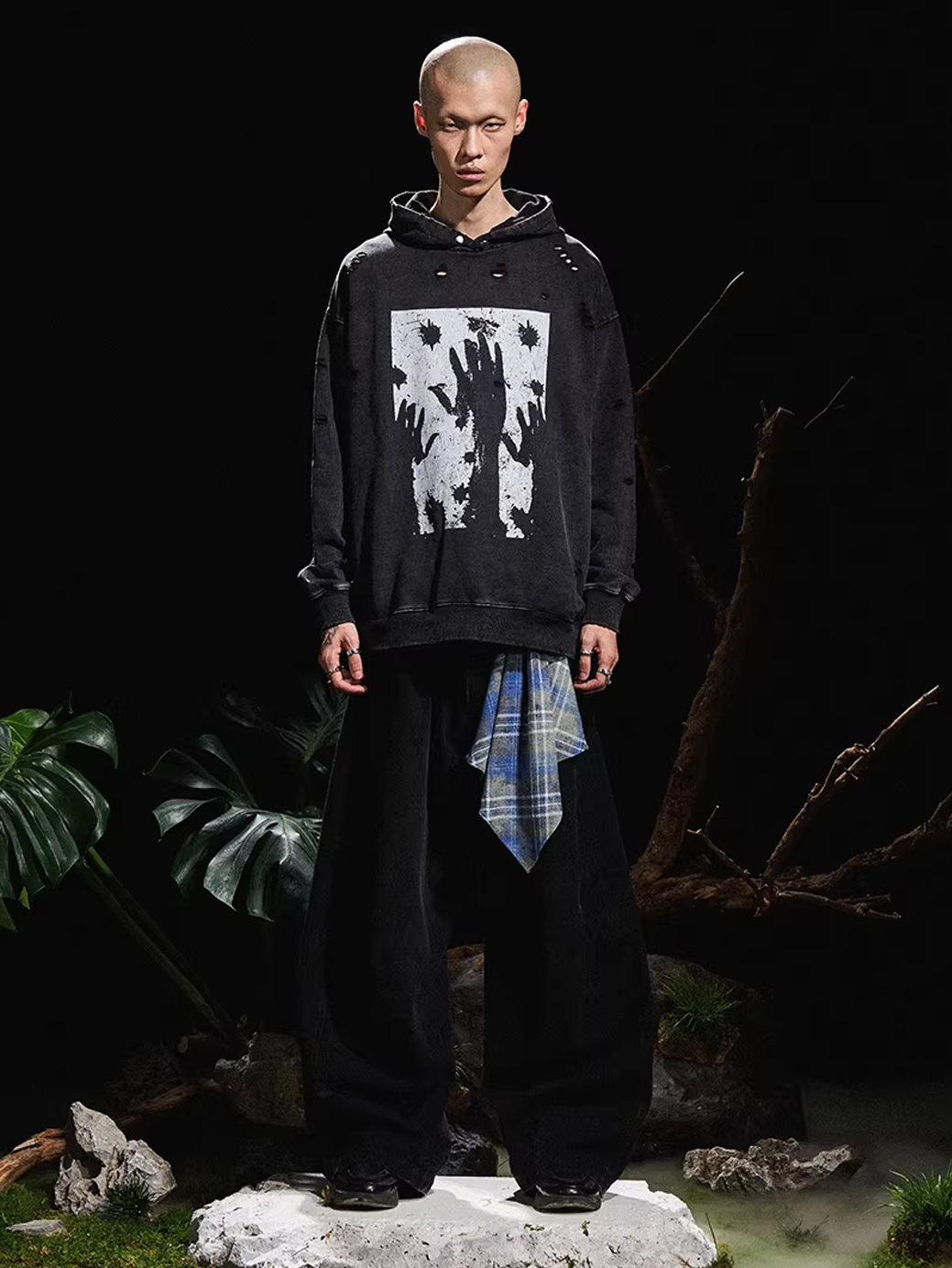 Curved Denim Trousers with Detachable Scarf Panel