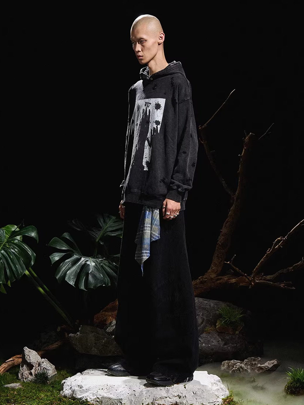 Curved Denim Trousers with Detachable Scarf Panel