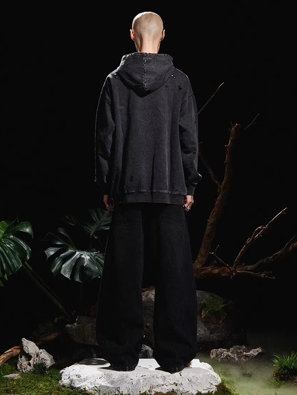 Curved Denim Trousers with Detachable Scarf Panel