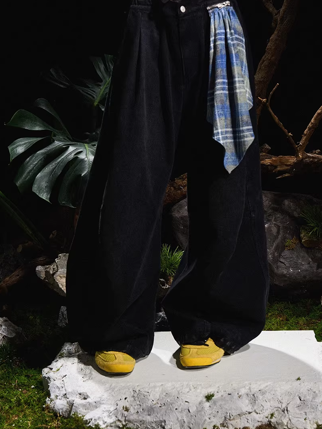 Curved Denim Trousers with Detachable Scarf Panel