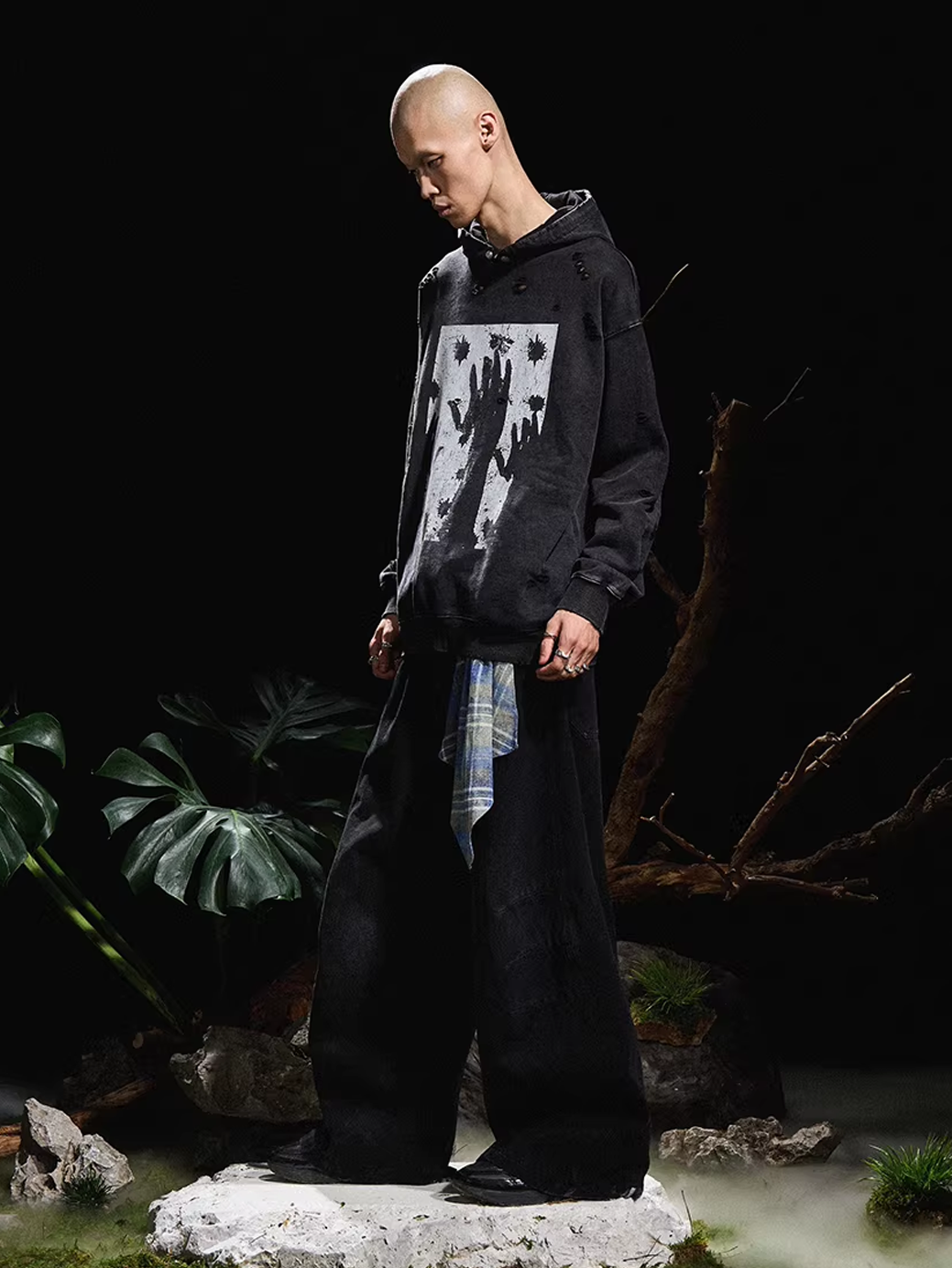 Curved Denim Trousers with Detachable Scarf Panel