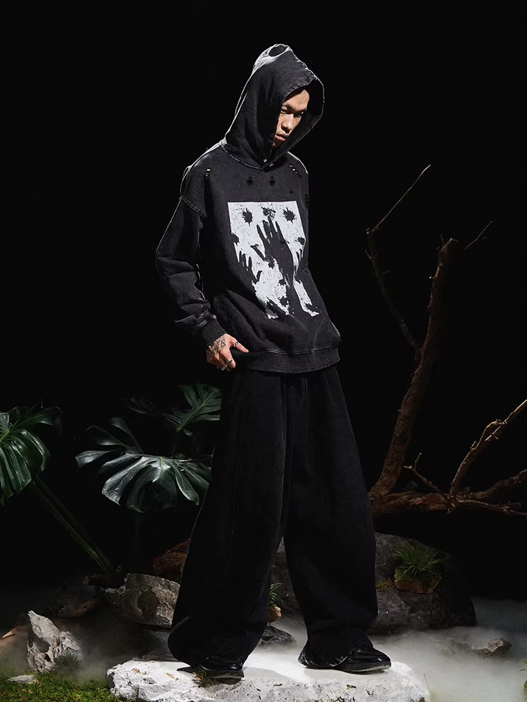Curved Denim Trousers with Detachable Scarf Panel