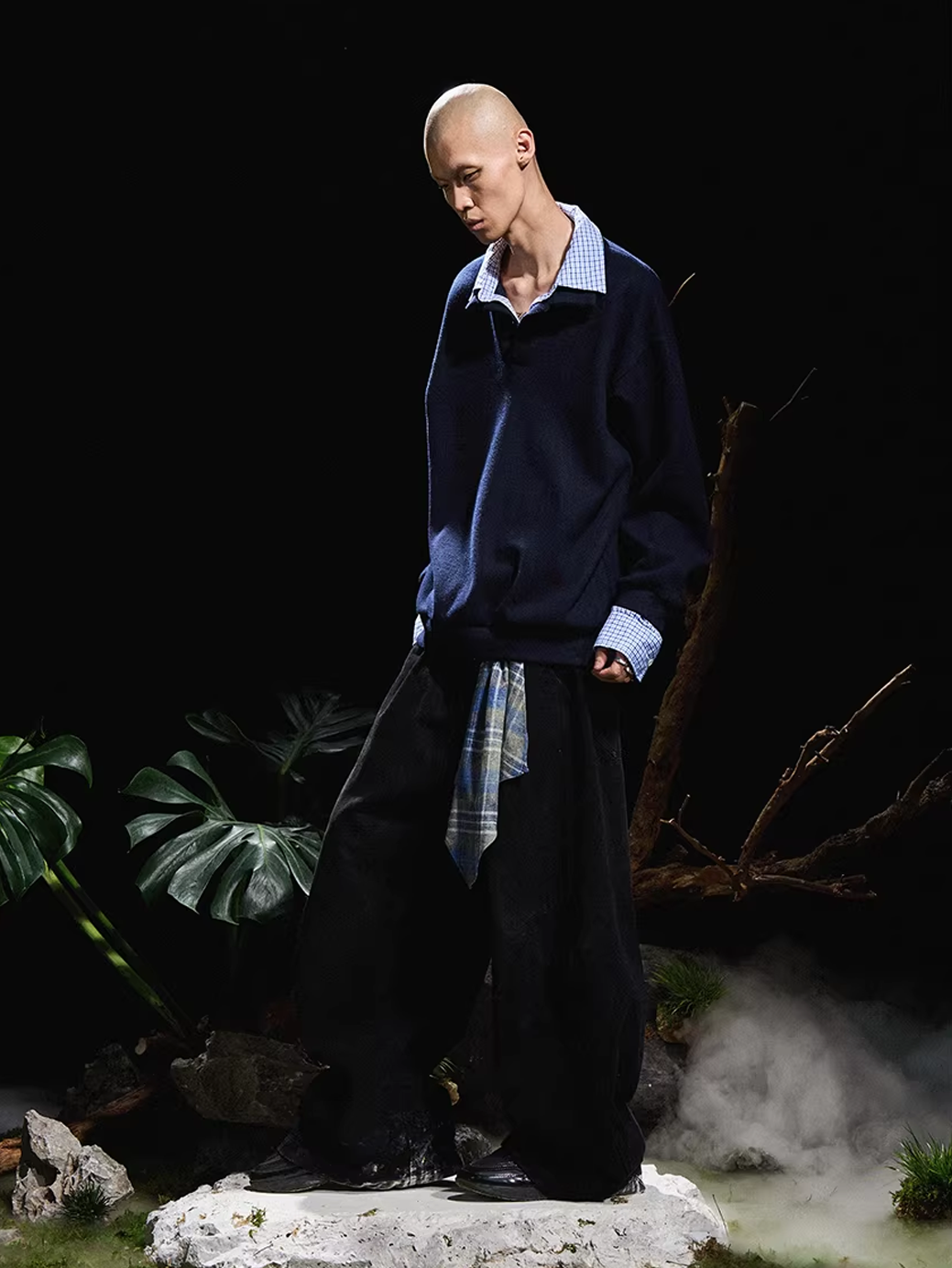 Curved Denim Trousers with Detachable Scarf Panel