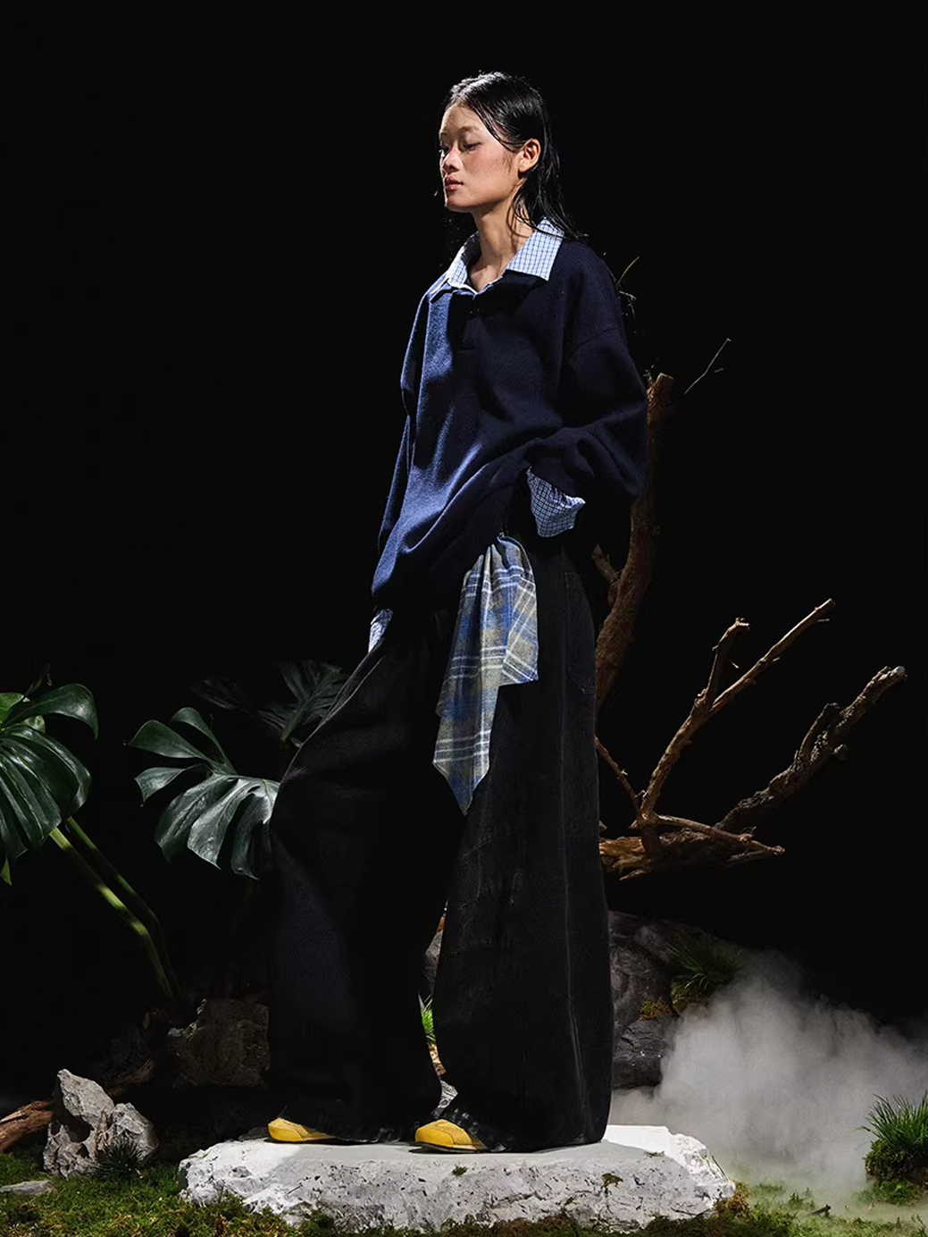 Curved Denim Trousers with Detachable Scarf Panel