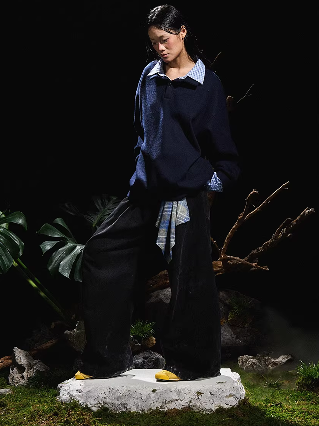 Curved Denim Trousers with Detachable Scarf Panel