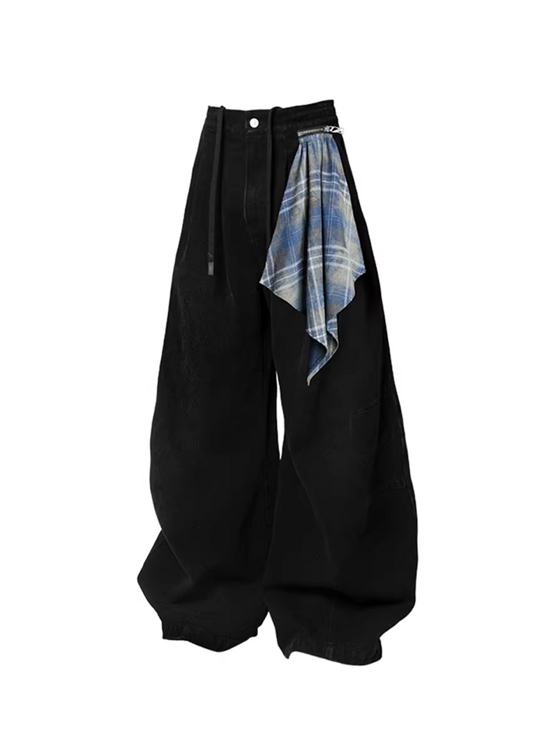 Curved Denim Trousers with Detachable Scarf Panel