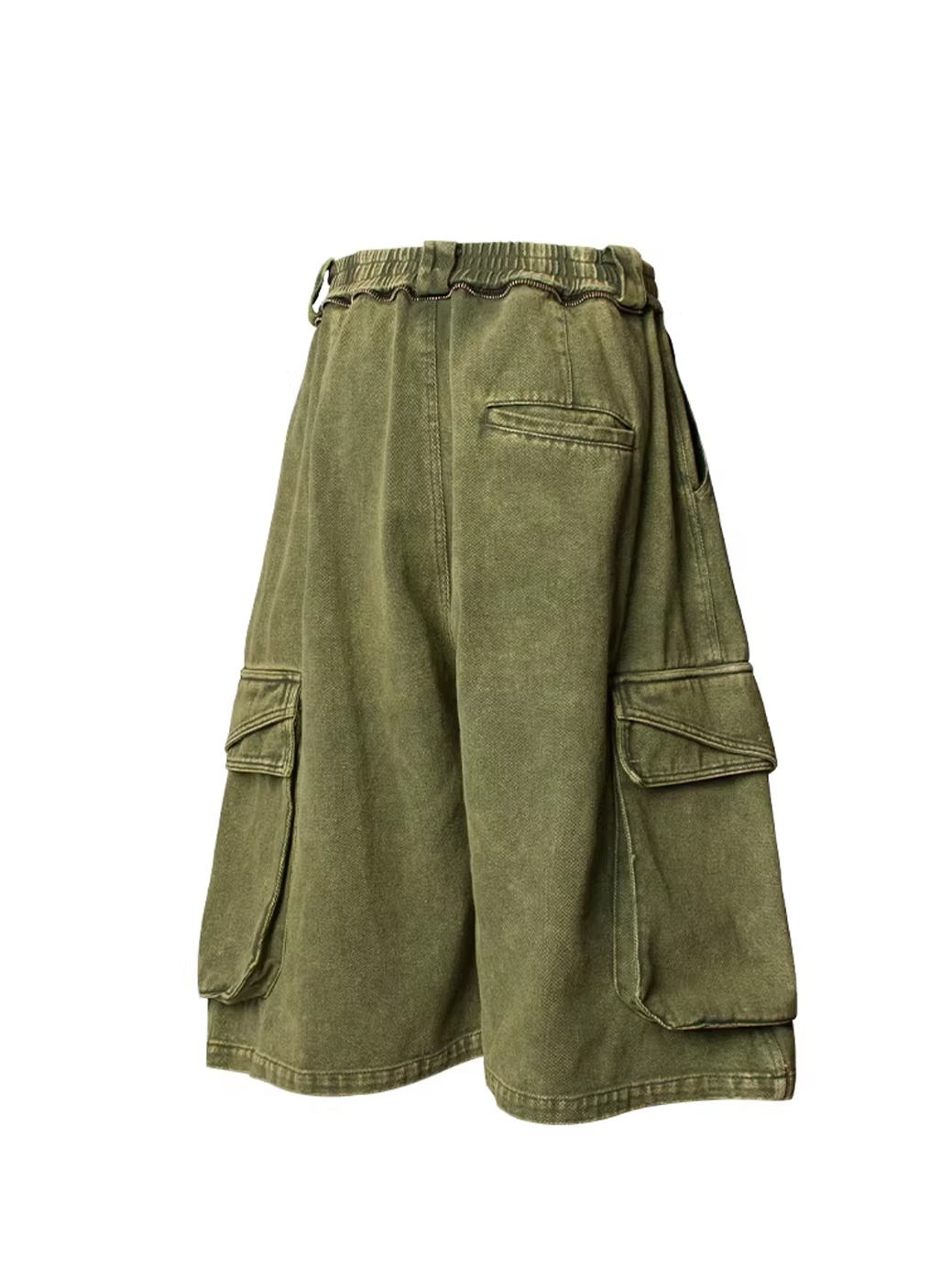 Washed Denim Shorts with Detachable Scarf Detail - Green
