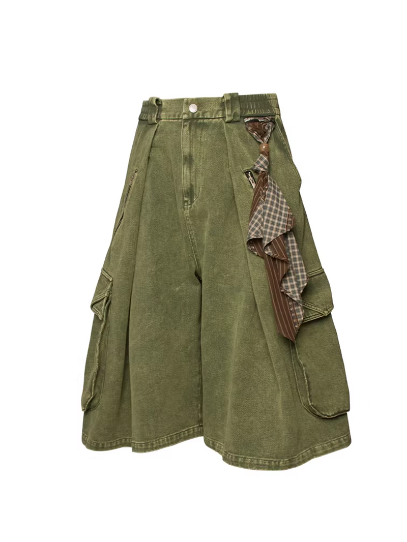 Orbit Scarf Denim Shorts - Green