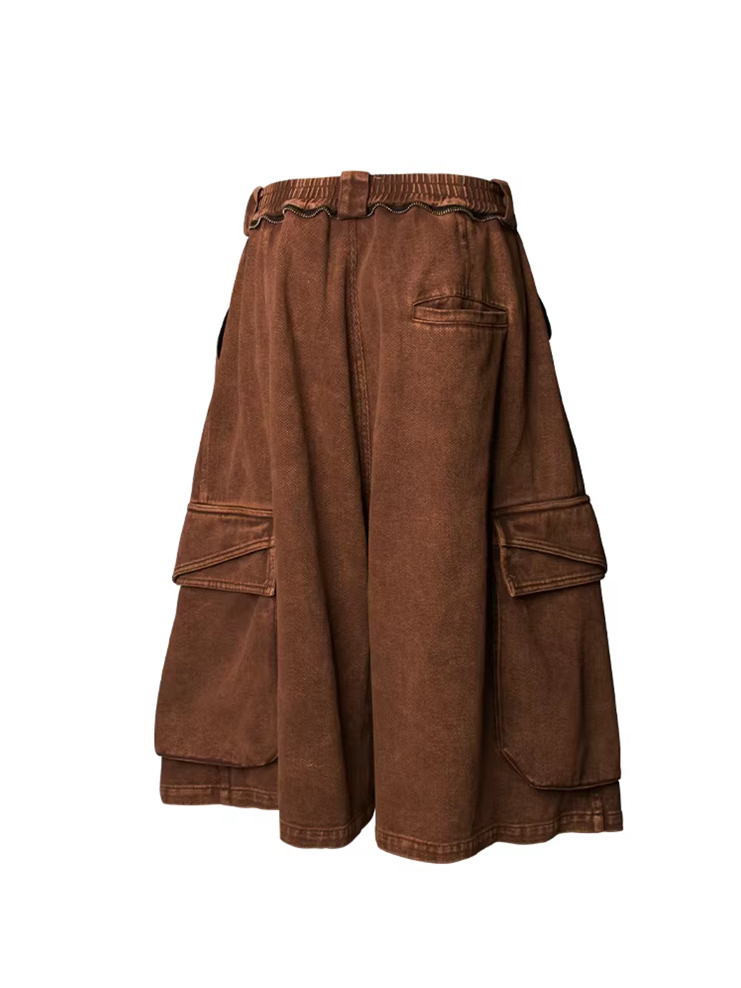 Washed Denim Shorts with Detachable Scarf Detail - Brown