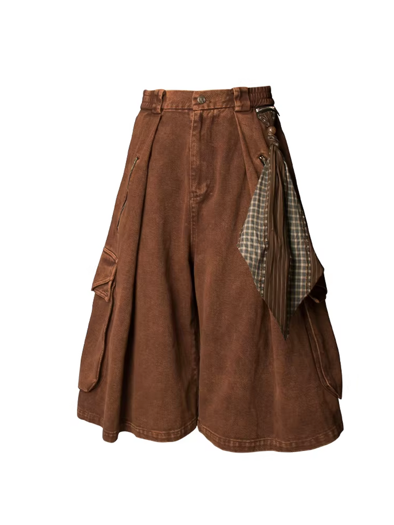 Orbit Scarf Denim Shorts - Brown