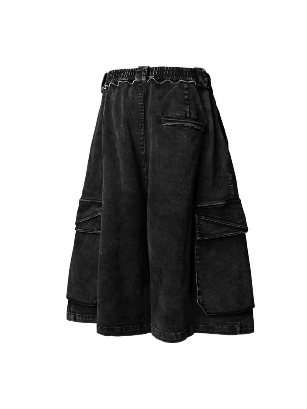 Washed Denim Shorts with Detachable Scarf Detail - Black