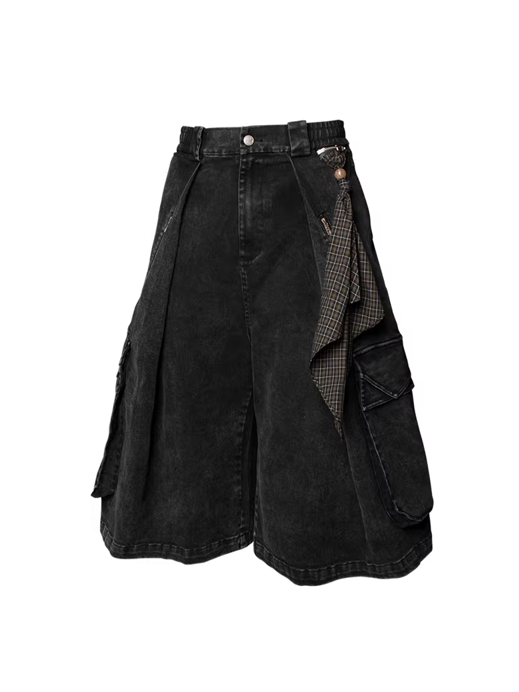 Washed Denim Shorts with Detachable Scarf Detail - Black