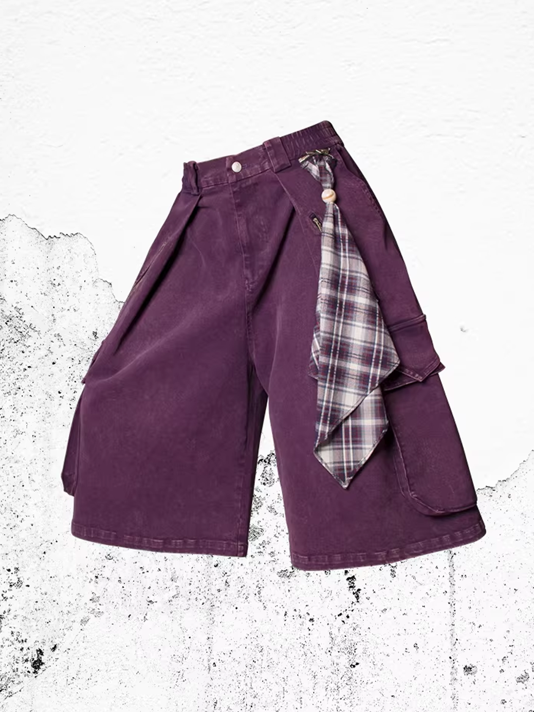 Washed Denim Shorts with Detachable Scarf Detail - Purple