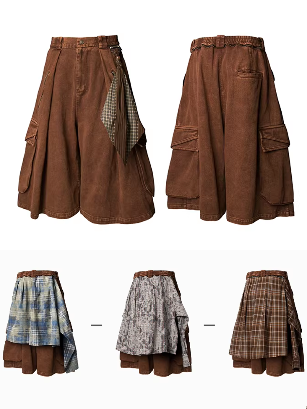 Washed Denim Shorts with Detachable Scarf Detail - Brown