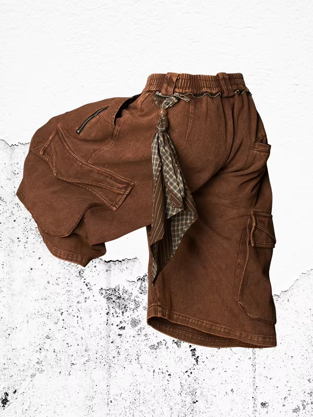 Washed Denim Shorts with Detachable Scarf Detail - Brown