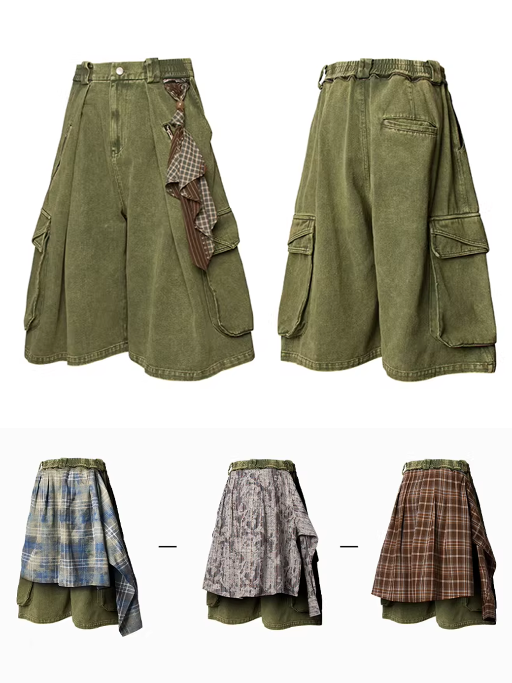 Washed Denim Shorts with Detachable Scarf Detail - Green