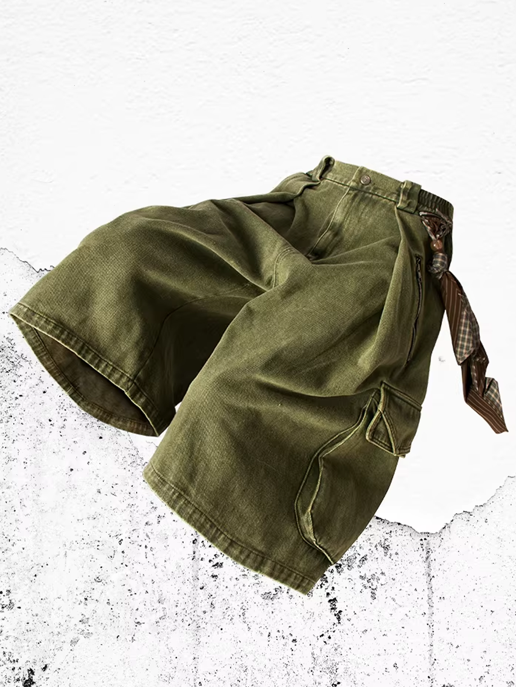 Washed Denim Shorts with Detachable Scarf Detail - Green