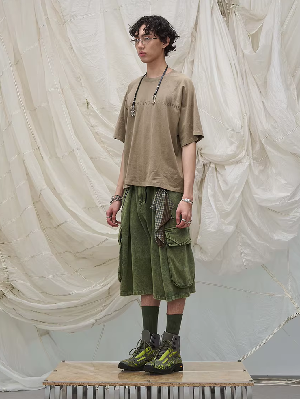 Washed Denim Shorts with Detachable Scarf Detail - Green