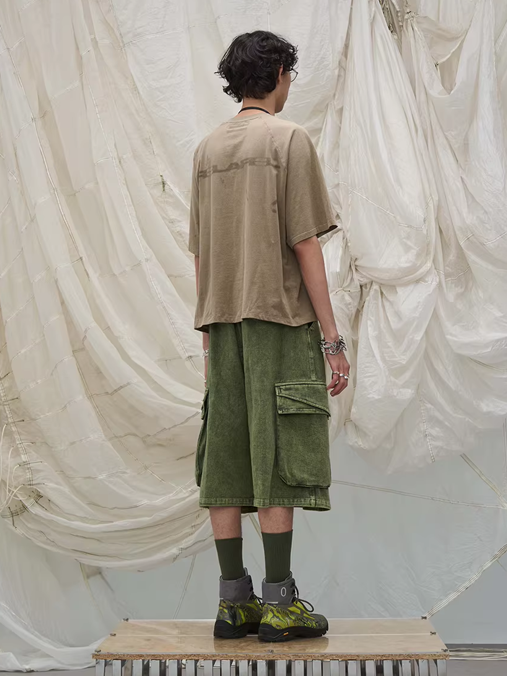Washed Denim Shorts with Detachable Scarf Detail - Green