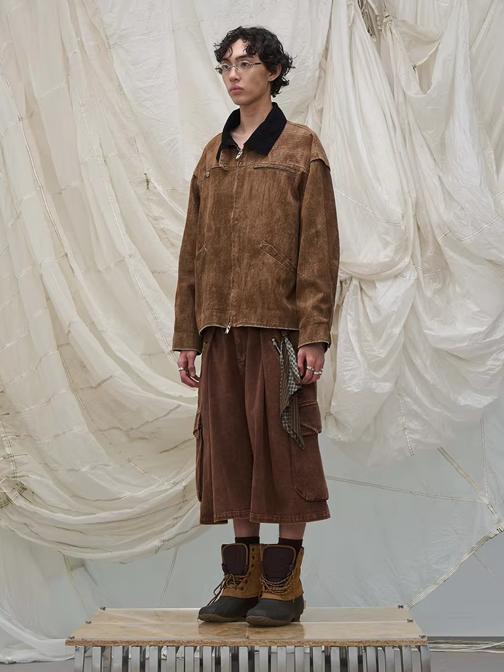Washed Denim Shorts with Detachable Scarf Detail - Brown