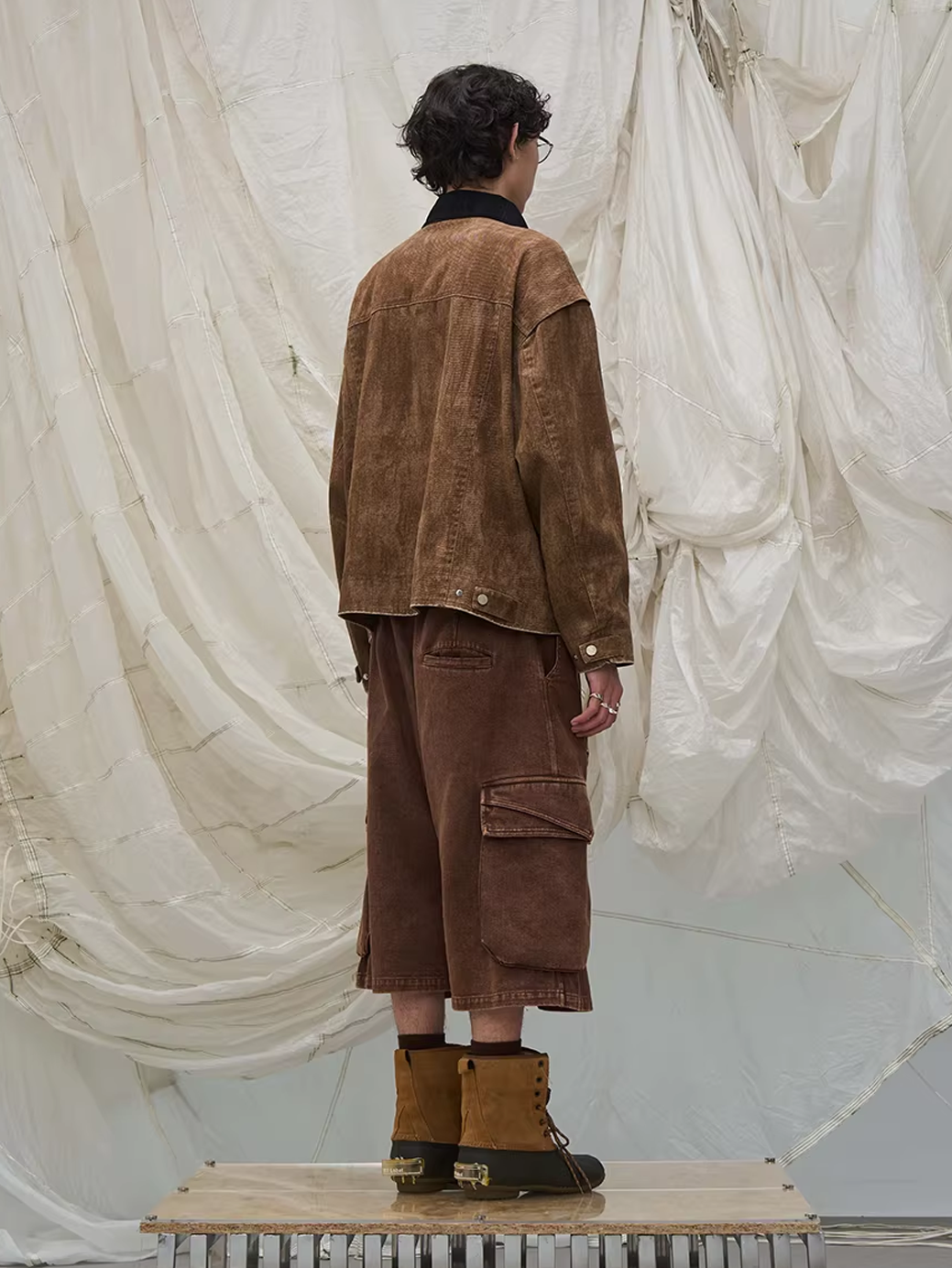 Washed Denim Shorts with Detachable Scarf Detail - Brown
