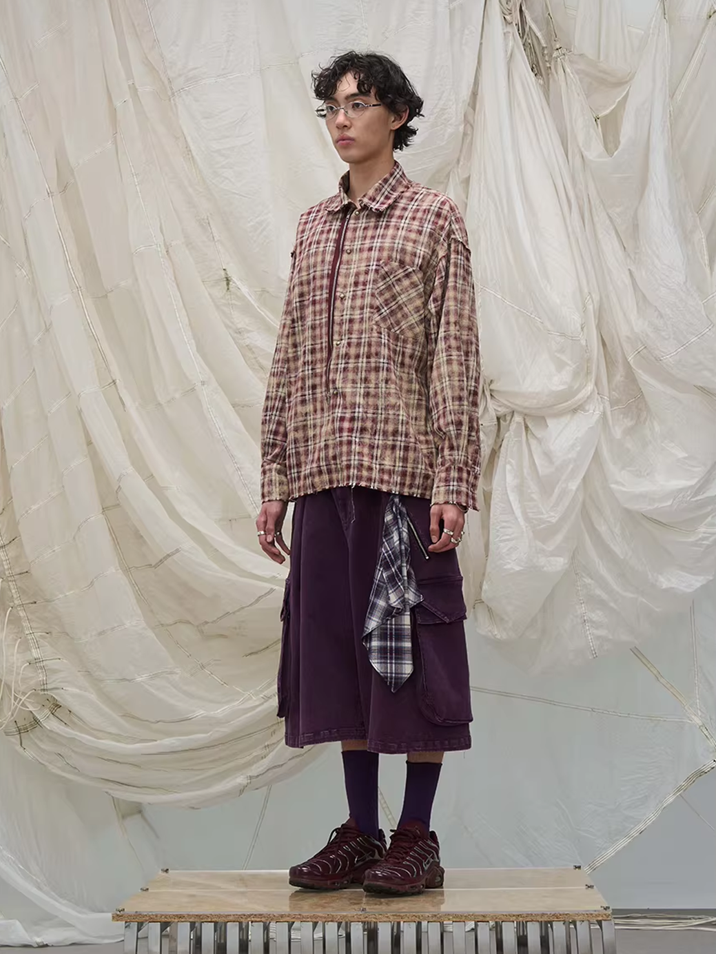 Washed Denim Shorts with Detachable Scarf Detail - Purple