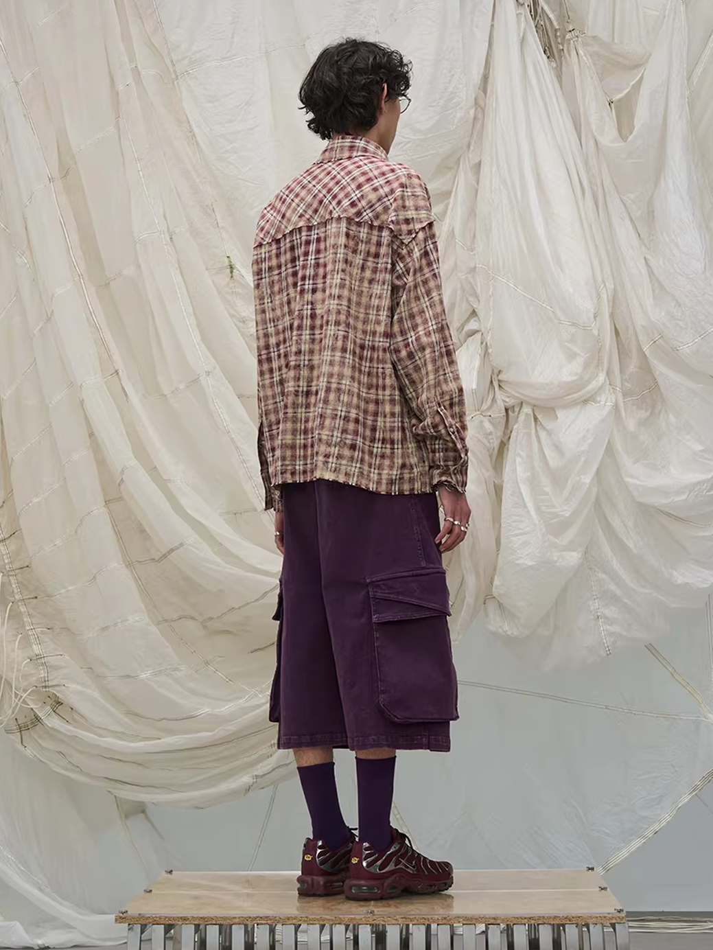 Washed Denim Shorts with Detachable Scarf Detail - Purple