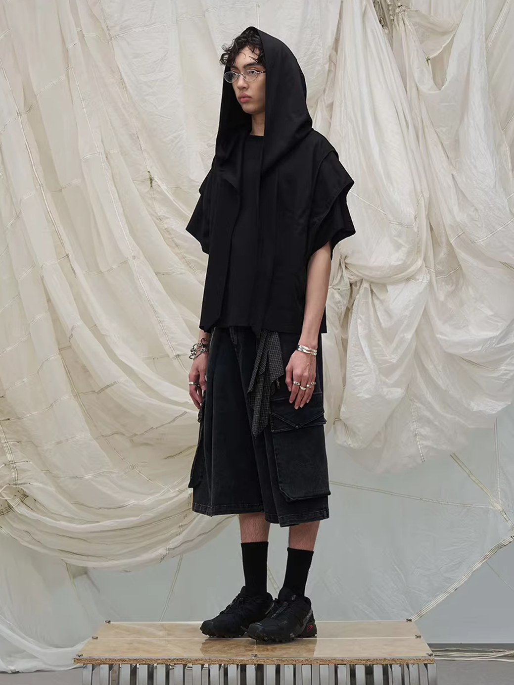 Washed Denim Shorts with Detachable Scarf Detail - Black