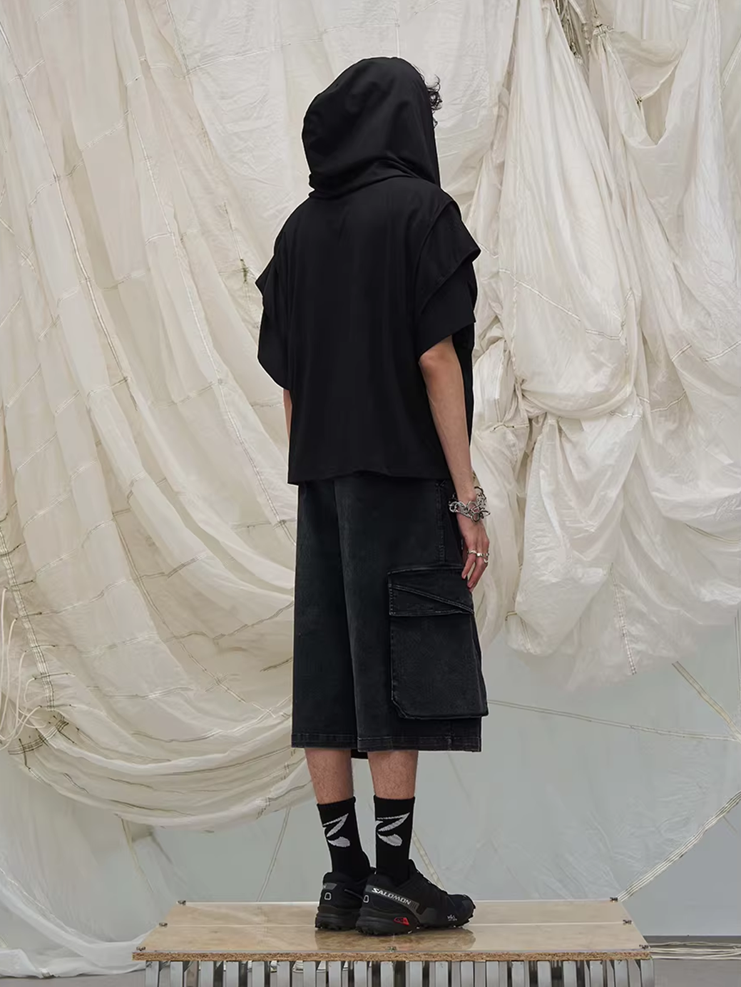 Washed Denim Shorts with Detachable Scarf Detail - Black