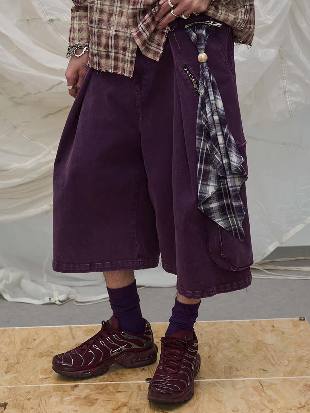 Washed Denim Shorts with Detachable Scarf Detail - Purple