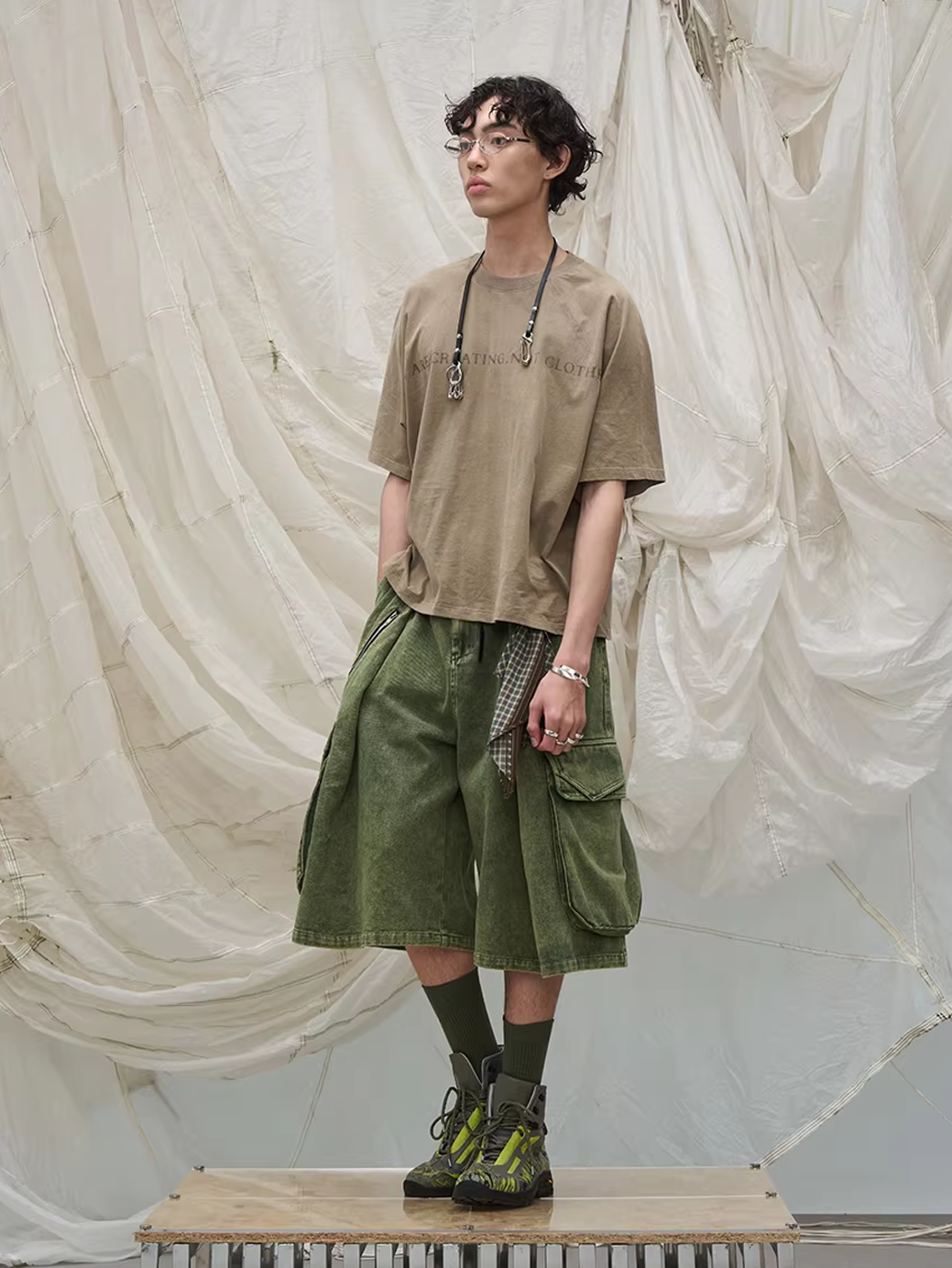 Washed Denim Shorts with Detachable Scarf Detail - Green