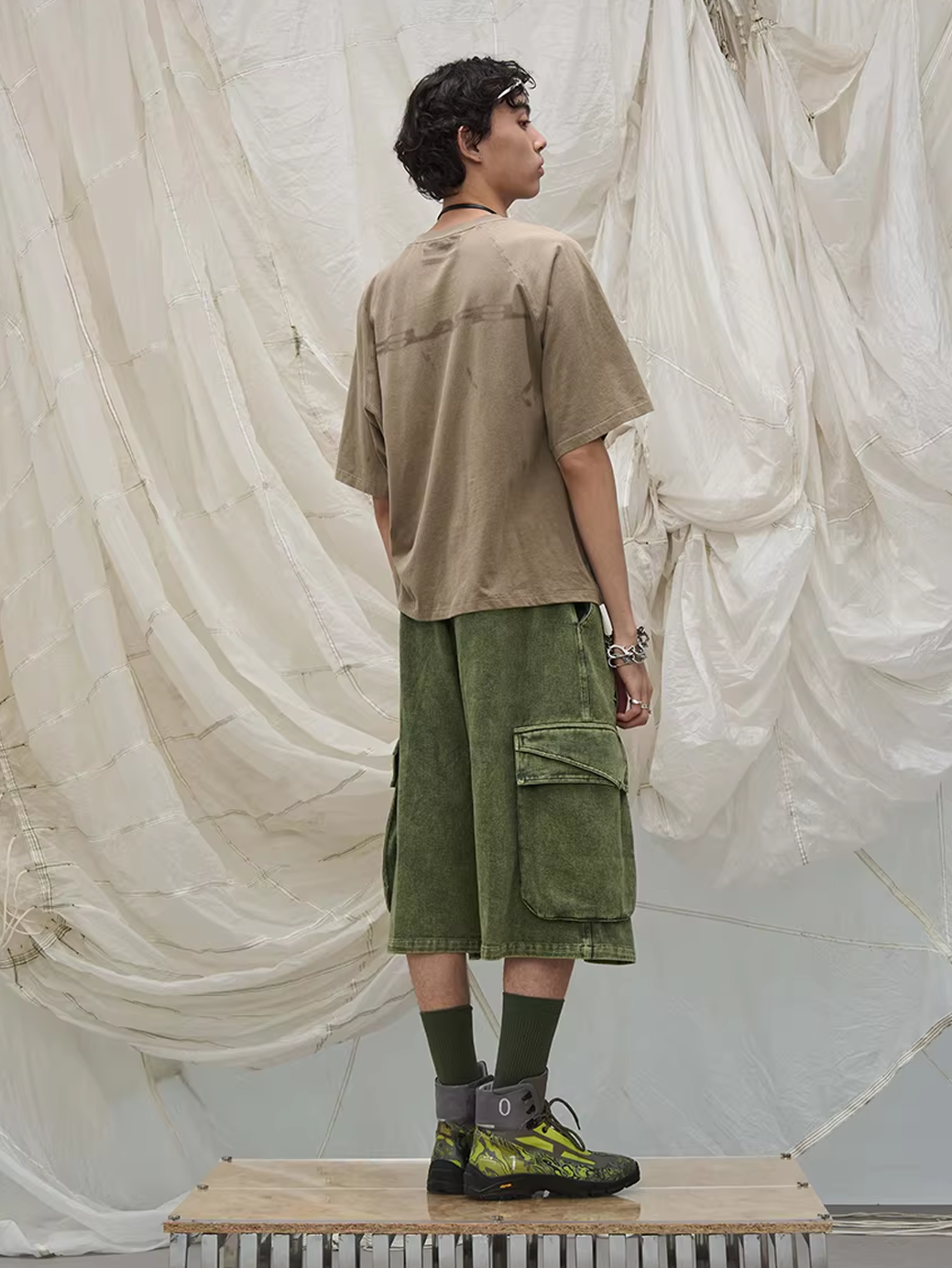 Washed Denim Shorts with Detachable Scarf Detail - Green