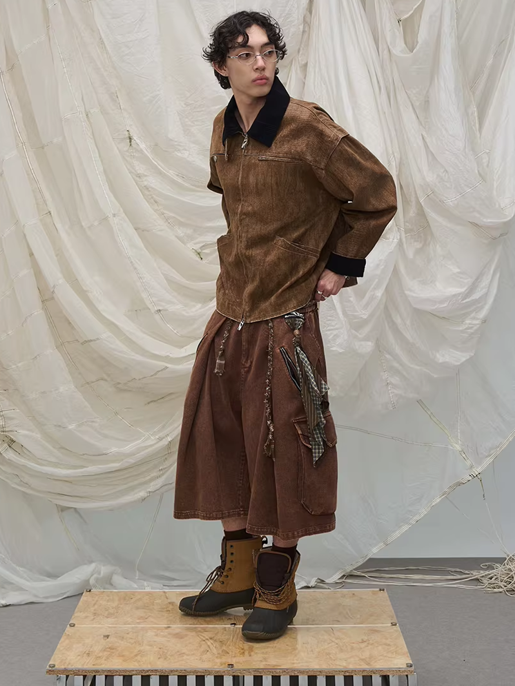 Washed Denim Shorts with Detachable Scarf Detail - Brown