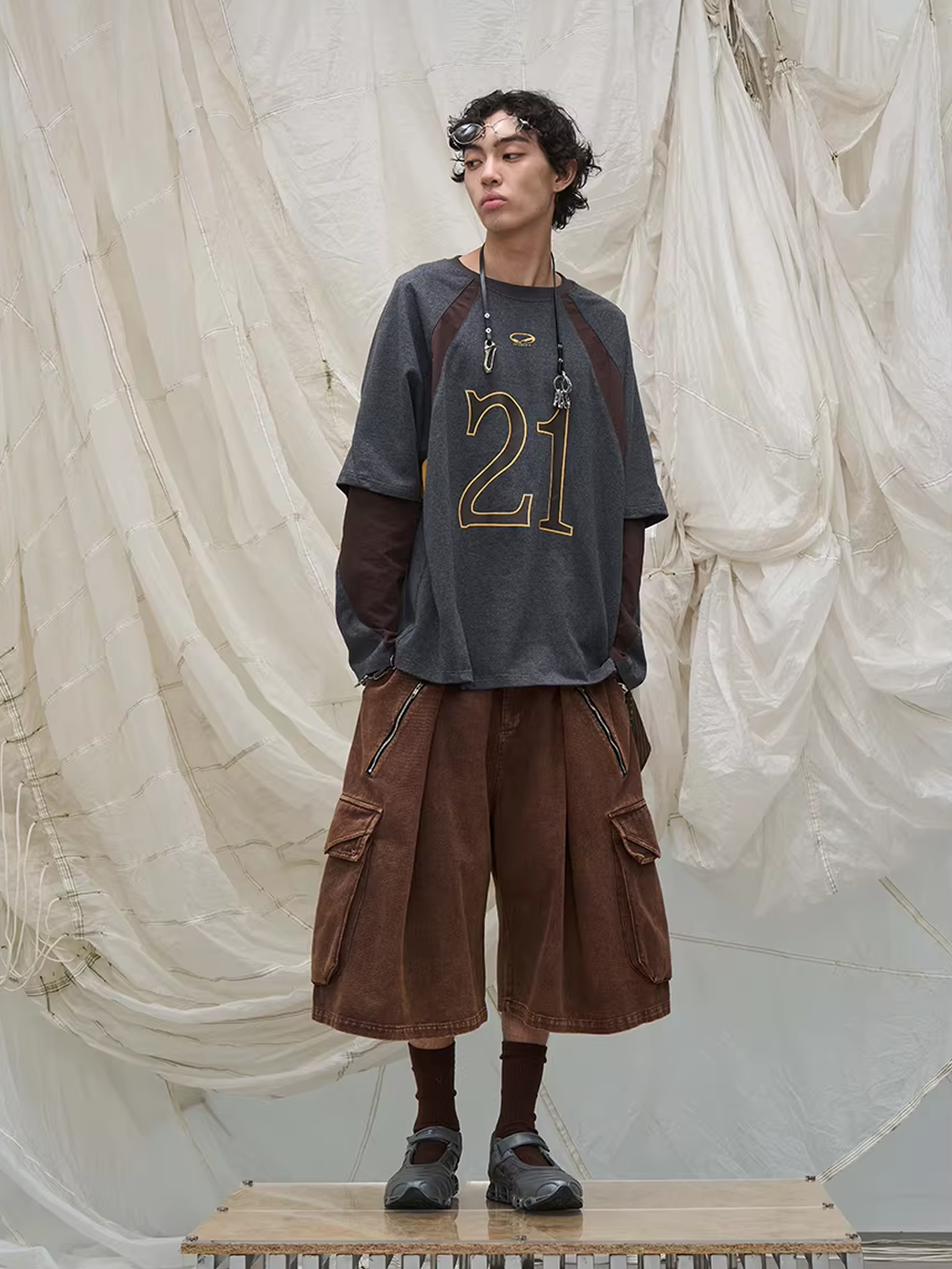 Washed Denim Shorts with Detachable Scarf Detail - Brown