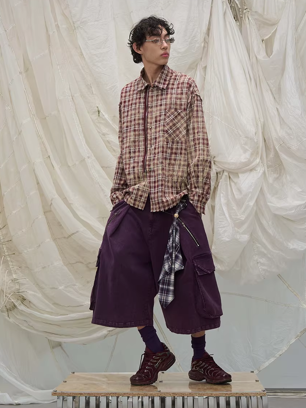 Washed Denim Shorts with Detachable Scarf Detail - Purple