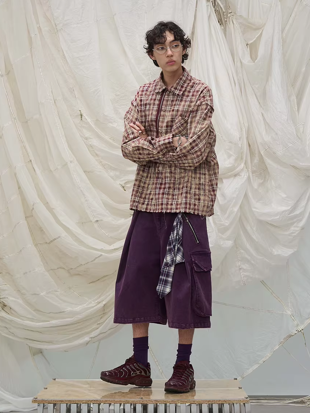 Washed Denim Shorts with Detachable Scarf Detail - Purple
