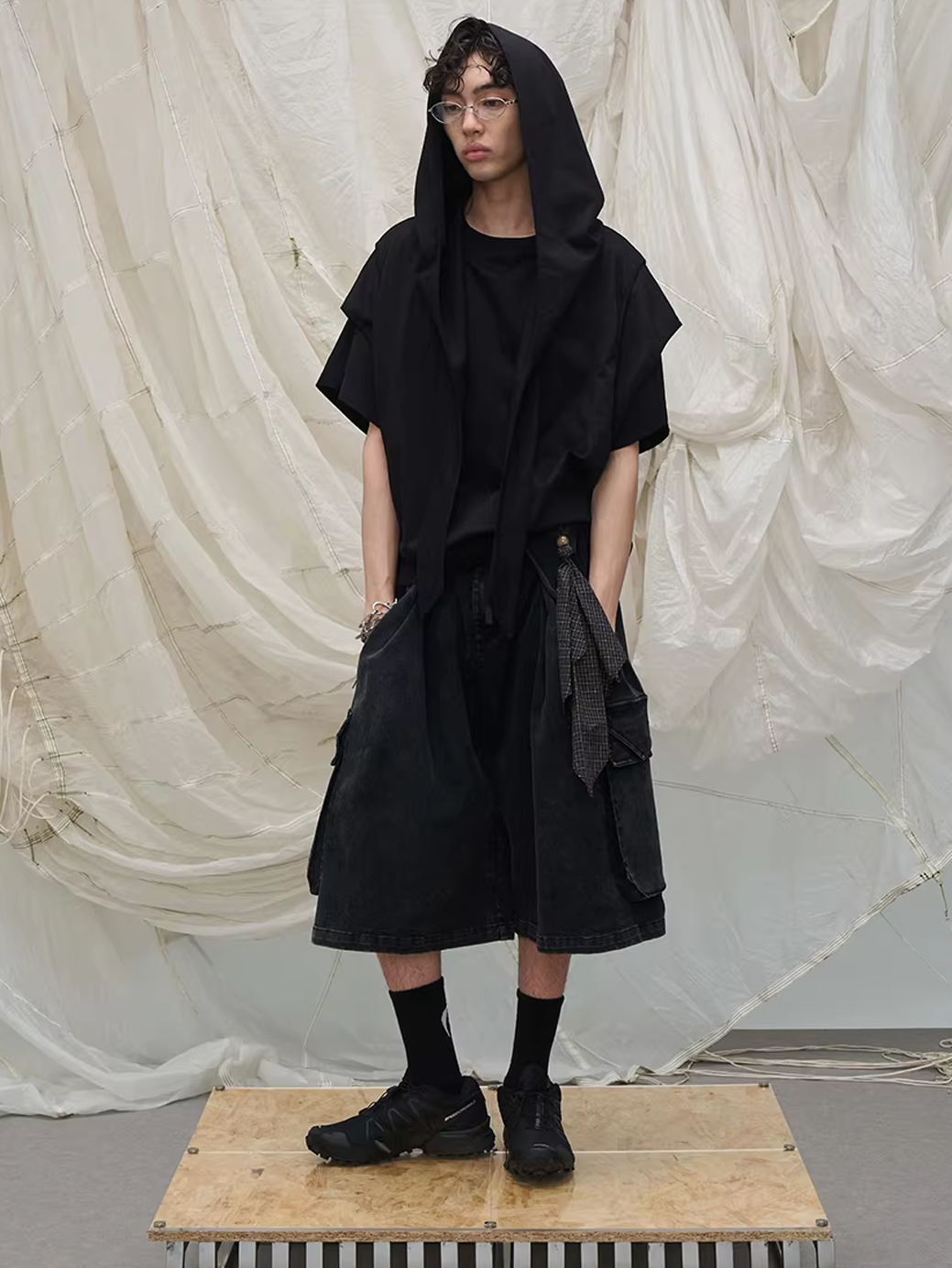 Washed Denim Shorts with Detachable Scarf Detail - Black