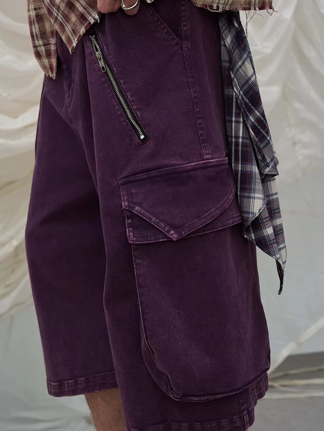 Washed Denim Shorts with Detachable Scarf Detail - Purple