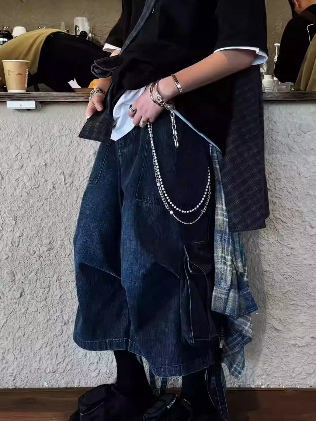 Layered Plaid Panel Denim Trousers