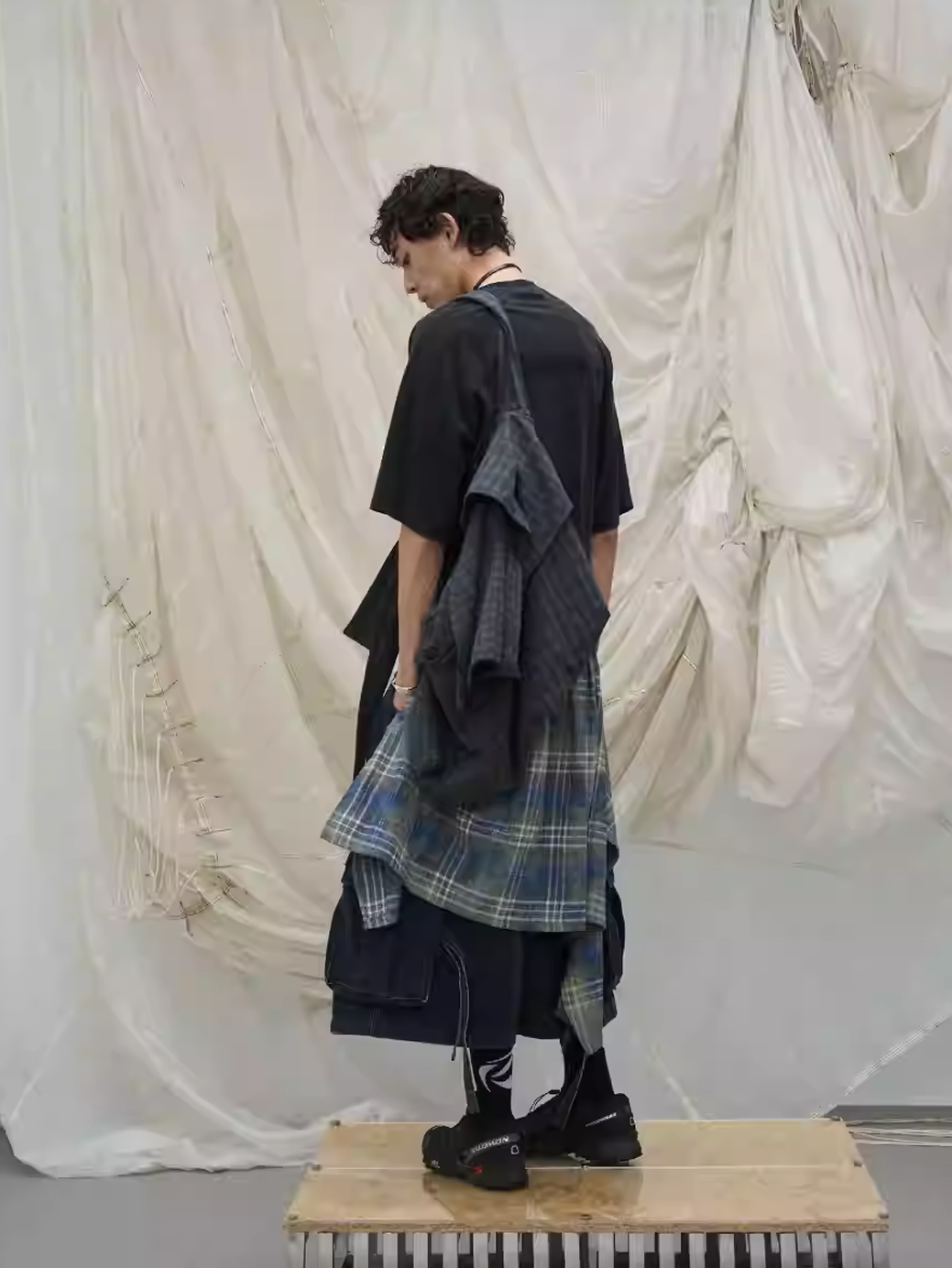 Layered Plaid Panel Denim Trousers