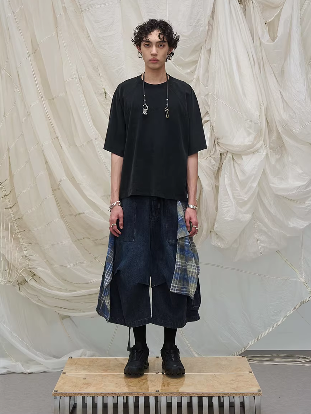 Layered Plaid Panel Denim Trousers
